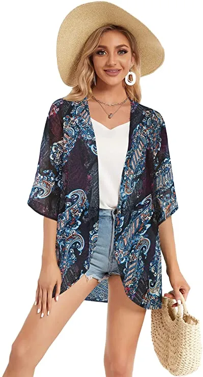 Boho Red Women's Floral Print Puff Sleeve Kimono Cardigan Loose Cover Up Casual Blouse Tops - Chicgal