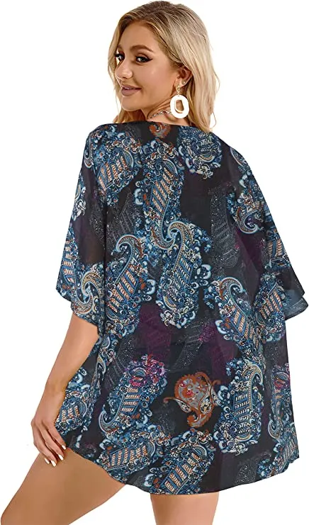 Boho Red Women's Floral Print Puff Sleeve Kimono Cardigan Loose Cover Up Casual Blouse Tops - Chicgal
