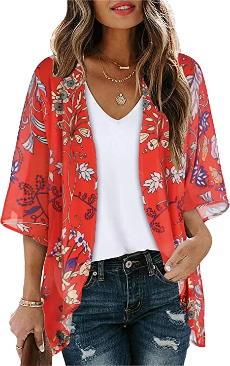 Boho Red Women's Floral Print Puff Sleeve Kimono Cardigan Loose Cover Up Casual Blouse Tops - Chicgal