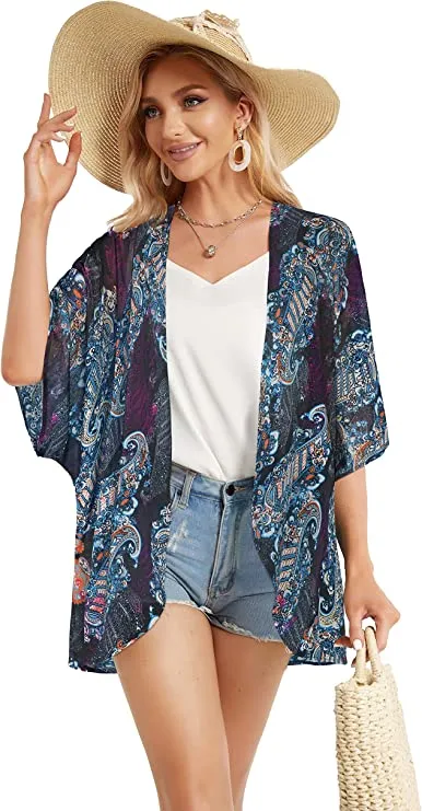 Boho Red Women's Floral Print Puff Sleeve Kimono Cardigan Loose Cover Up Casual Blouse Tops - Chicgal