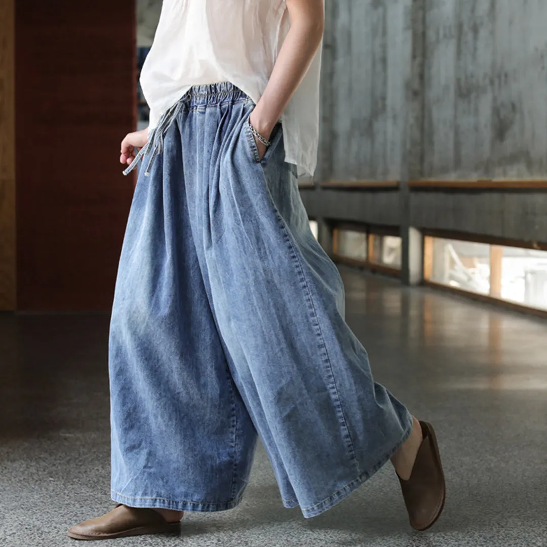 Casual Blue Shift Wide Leg Denim Pants