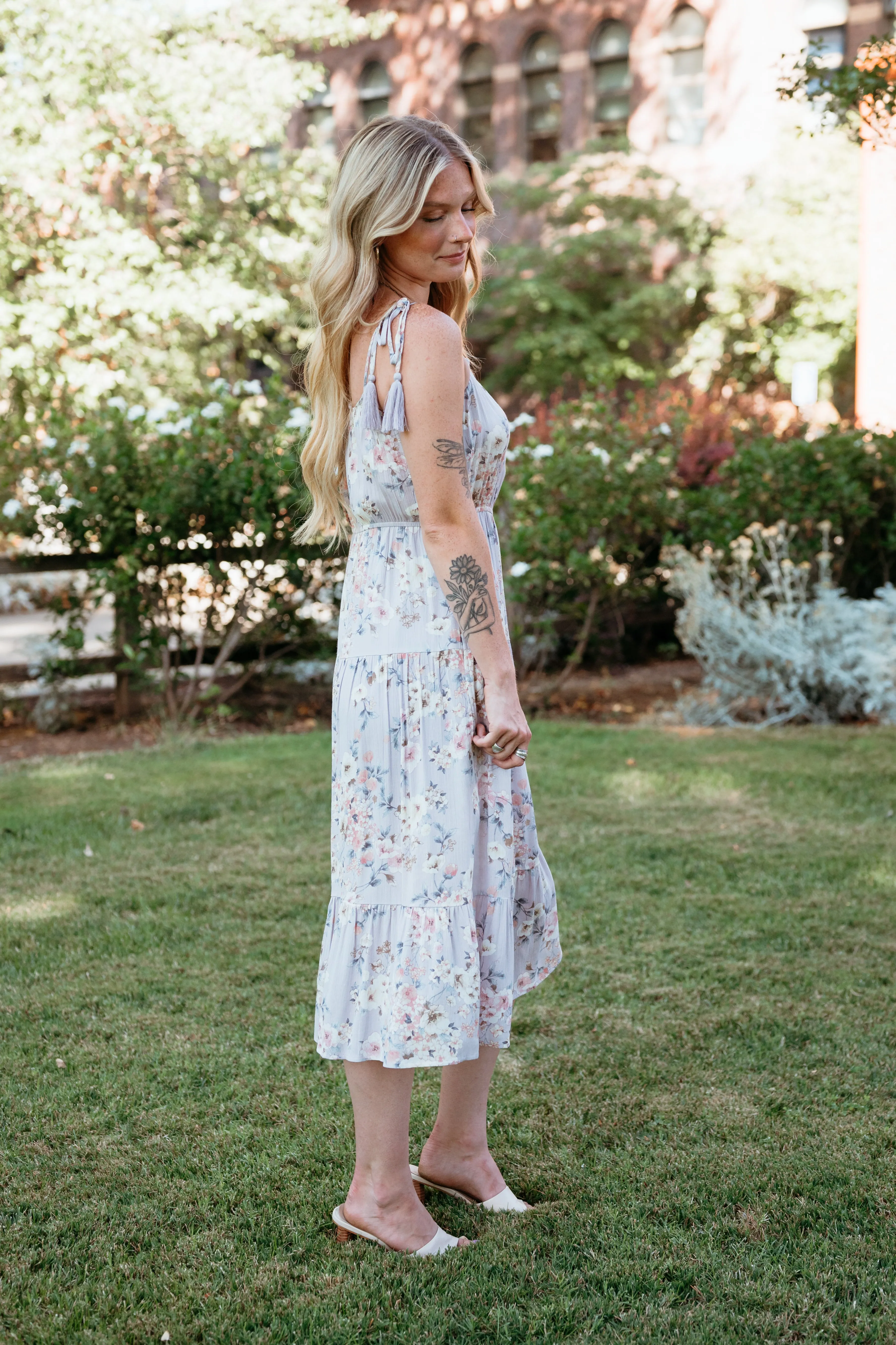 CLEARANCE - Floral Print Cami Midi Dress W/ Tassle Straps