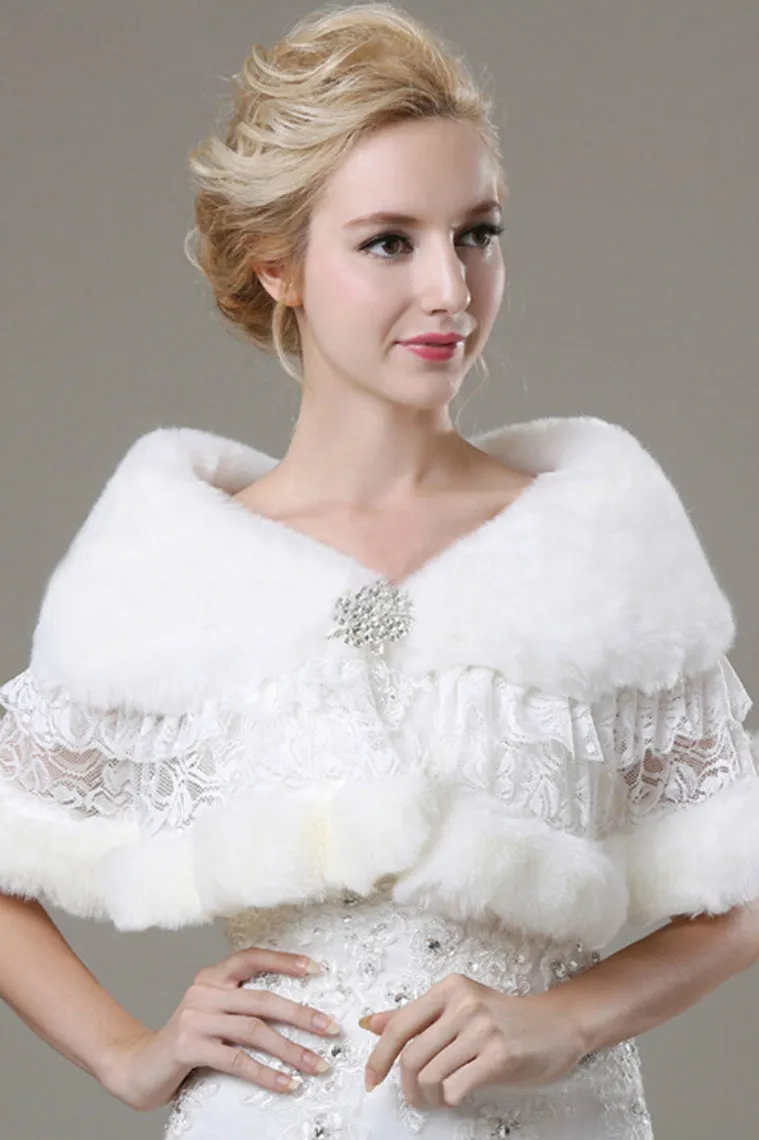 Elegant Faux Fur & Lace Wedding Wrap With Beads