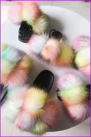 Fluffy Balls Faux Fox Fur Slippers F2157
