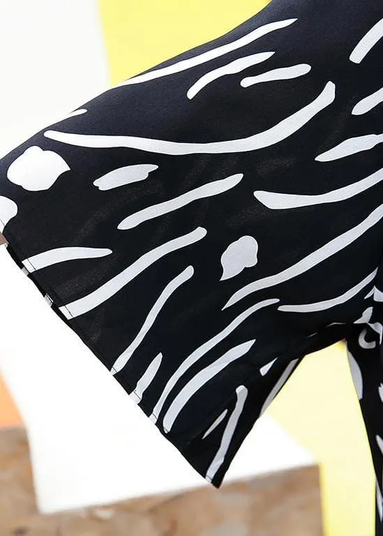 French v neck Cotton Tunics pattern black striped Dresses summer