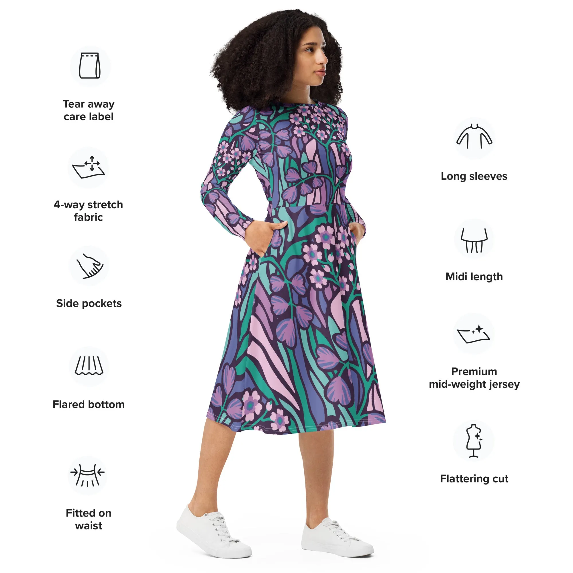 Long Sleeve Midi Dress Floral (Glamourange Spring Collection Floral Long Sleeve Midi Dresses - 0014)