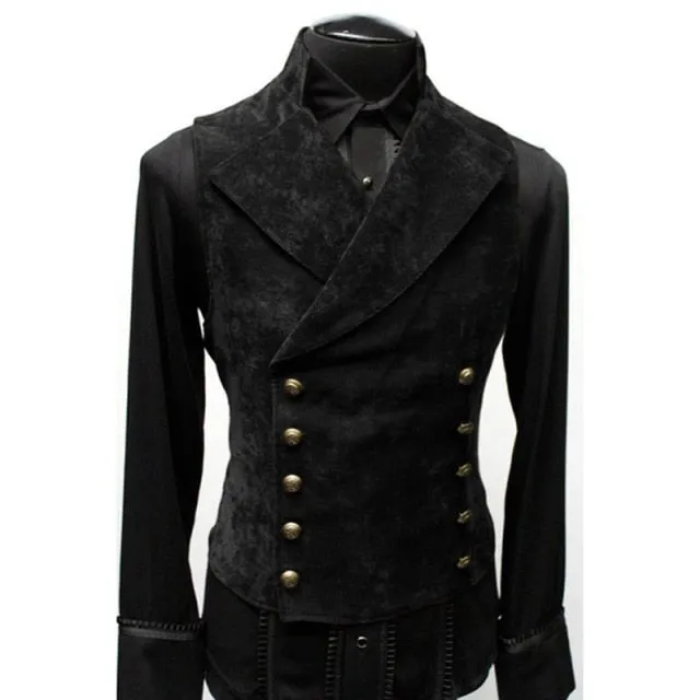 Mens Double Breasted Gothic Steampunk Velvet Vest Stand Collar Medieval Victorian Black Waistcoat Men Stage Cosplay Prom Costume