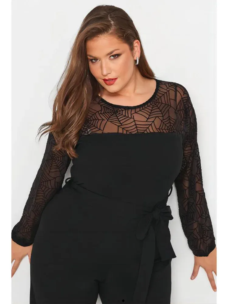 O-Neck Long Sleeve Lace Up Wide Leg Jumpsuit