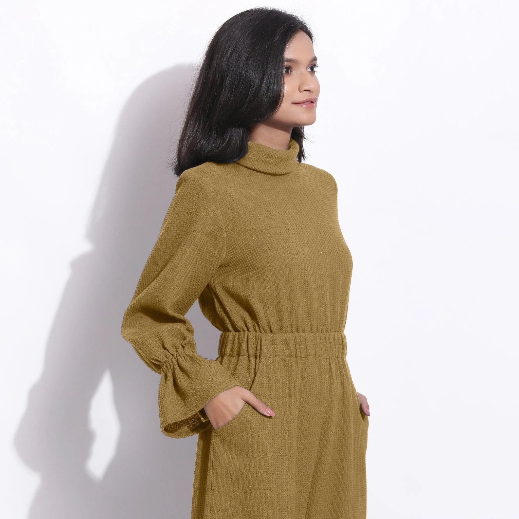 Olive Green Warm Cotton Waffle Ankle Length Overalls