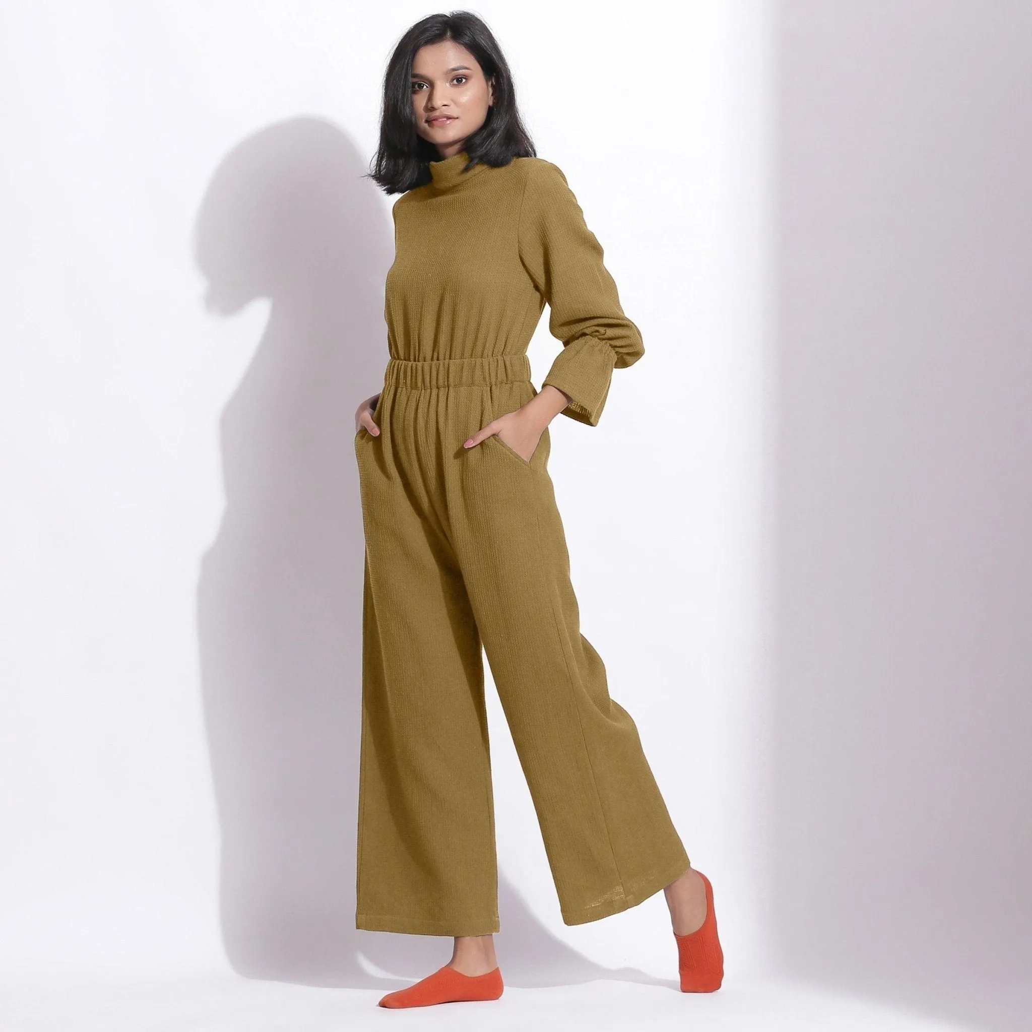 Olive Green Warm Cotton Waffle Ankle Length Overalls
