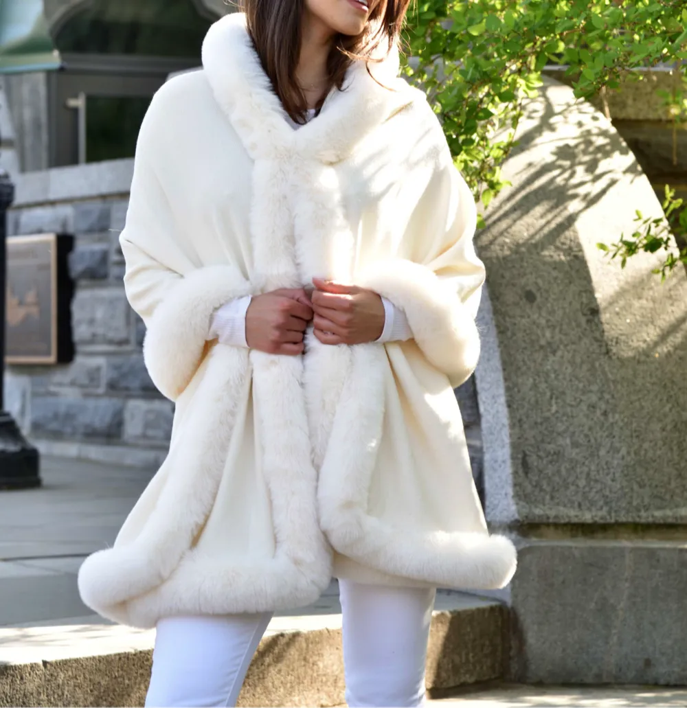Wrap with Hood & Faux Trim - Ivory